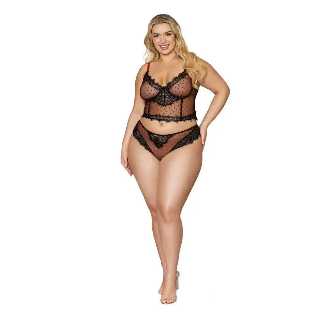 🦋B2G1🦋DREAMGIRL Flocked Heart Mesh Eyelash Lace Trim Bustier & Thong Panty